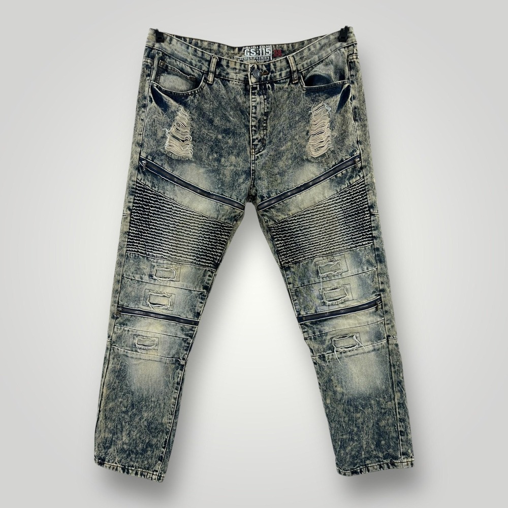 GS-115 Moto Jeans Mens Size 38 (41x32) Blue Acid Wash Biker Ribbed‎ Distressed